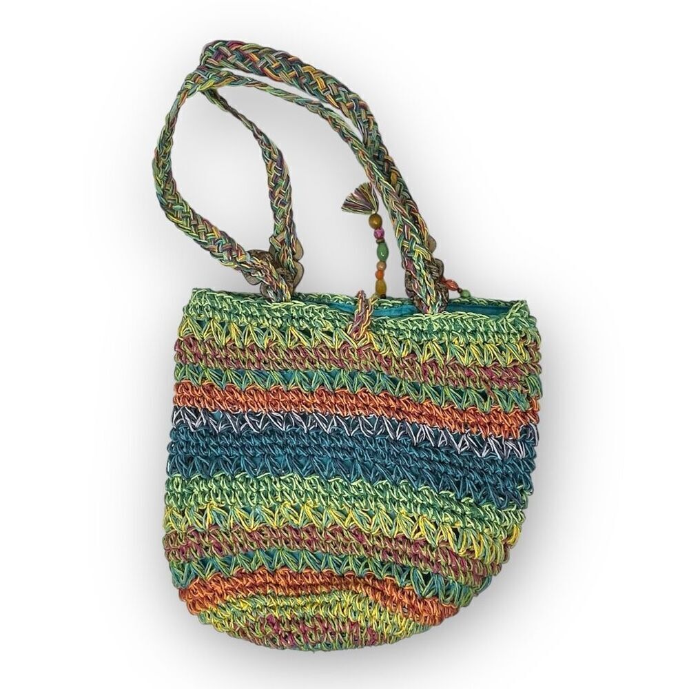 Cappelli Straworld Inc Rainbow Multicolored Boho Straw Woven Shoulder Bag Purse - Picture 4 of 12